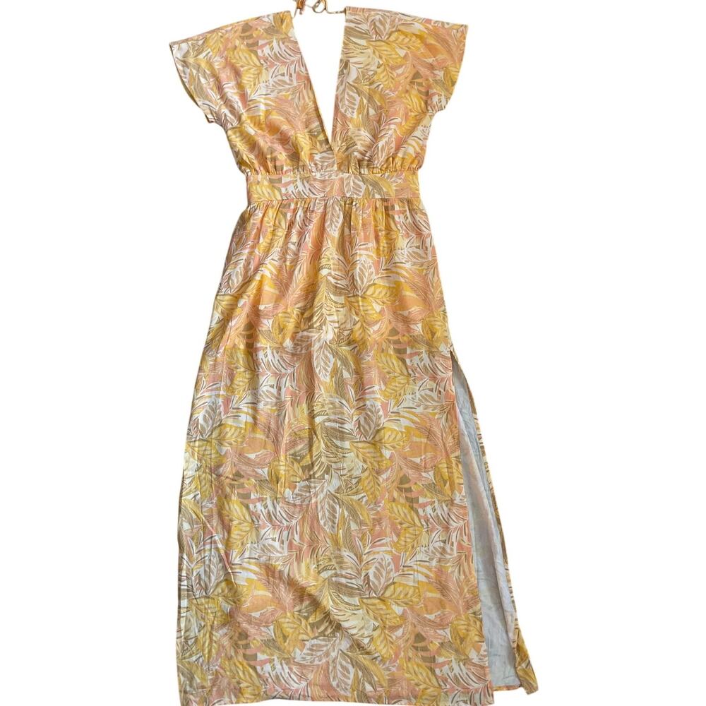 ISLA Made in Paris Deep V-Neck‎ Yellow Florals Maxi Dress Size Large